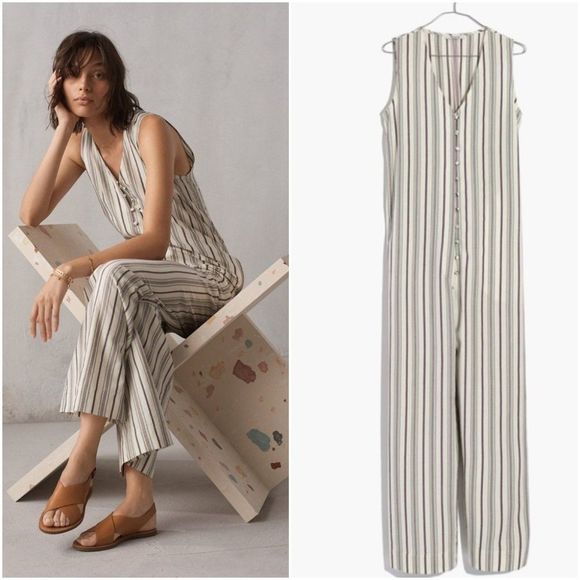 Madewell XS Green Striped Button Down Jumpsuit Multicolor Wide Leg Sleeveless